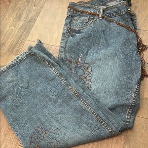 Embroidered Blue Jeans with Chain Belt Detail